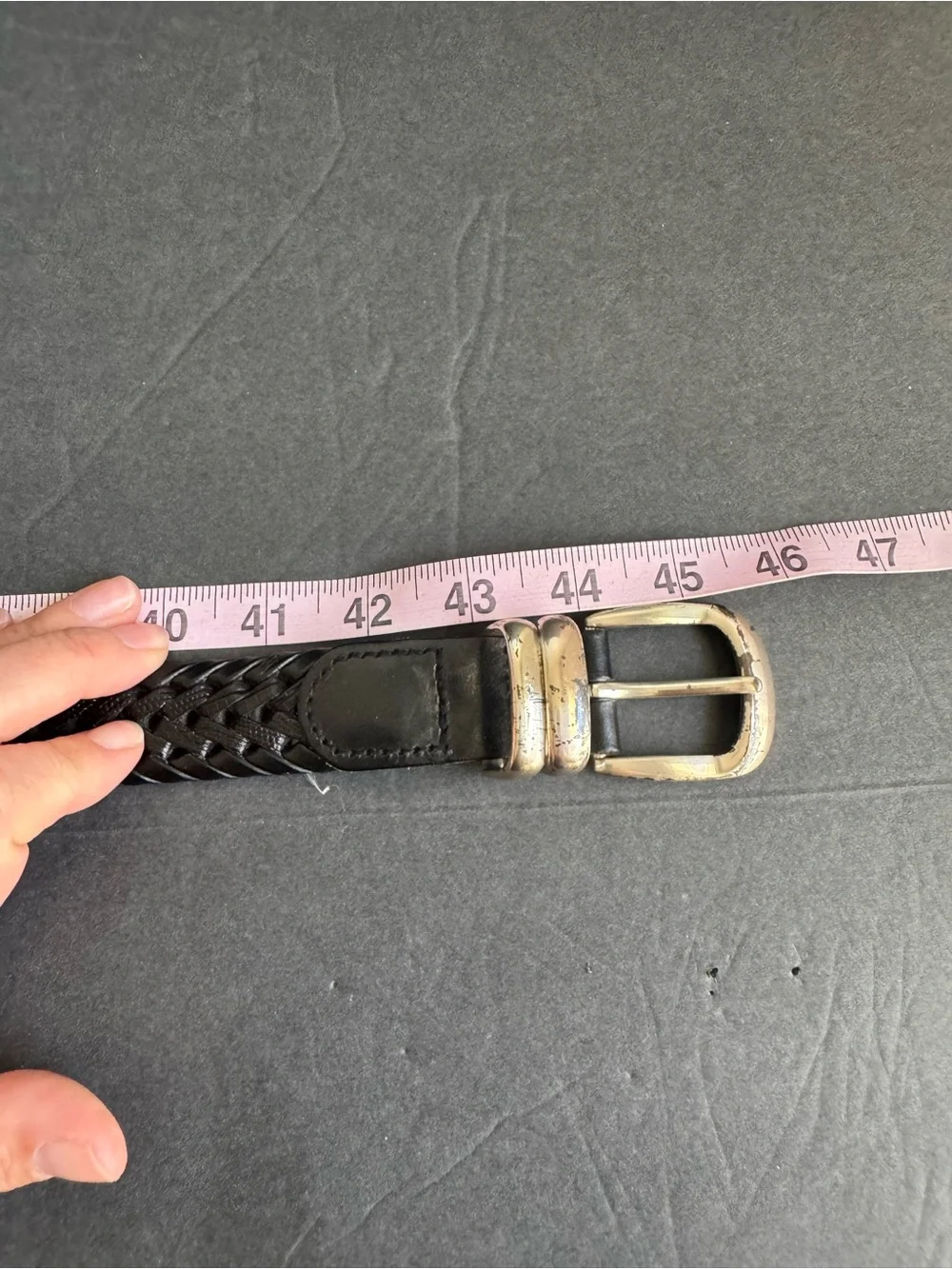 Vintage Black Woven Leather Belt Braided Silver Tone Buckle Unisex Mens 38